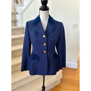 Custom Navy Velvet Trim Three Button Fitted Equestrian Blazer Jacket